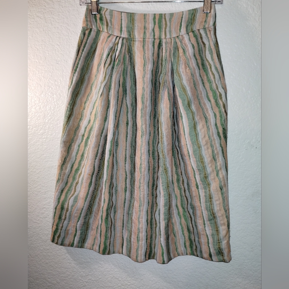 Gregory Parkinson Anthropologie Skirt Peach Green Cream Stripe size 0